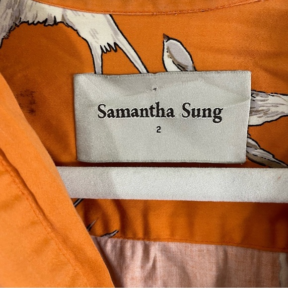 Samantha Sung Audrey Orange Bird Print Midi Pleated Dress 3/4 Sleeves Size 2 - Picture 3 of 5